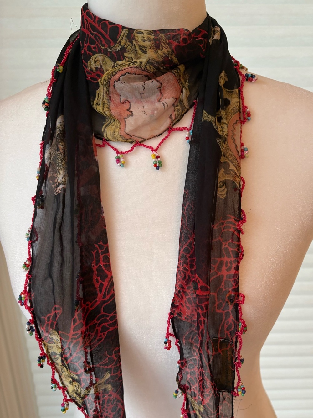 Antica Santoria Sheer Black Scarf Beaded